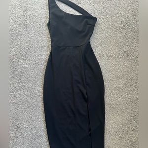 Black open back one shoulder midi dress